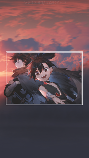 Two anime characters against a sunset sky