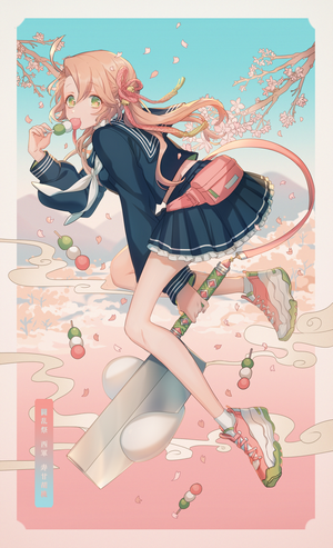 Anime girl in school uniform eating dango with cherry blossoms
