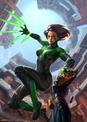 Green Lantern with Alita-inspired cybernetics and gun