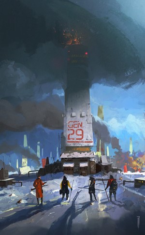 Concept art of a tower labeled GEN 29 in a snowy industrial landscape