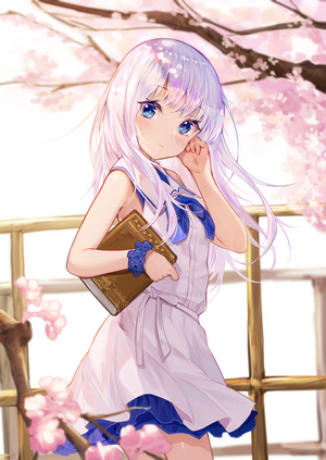 Anime girl with white hair and blue eyes holding a book