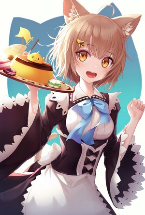 Anime maid with cat ears holding a dessert tray