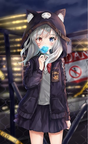 Anime girl with cat ears holding a blue lollipop