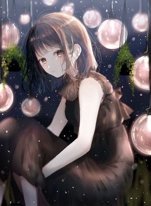 Anime girl in a dark dress with glowing lanterns