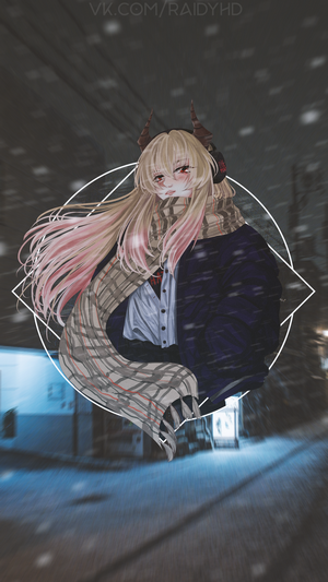 Anime girl with horns and headphones in winter