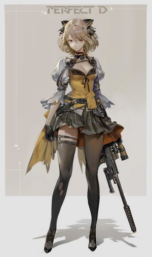 Anime girl with blonde short hair and a sniper rifle