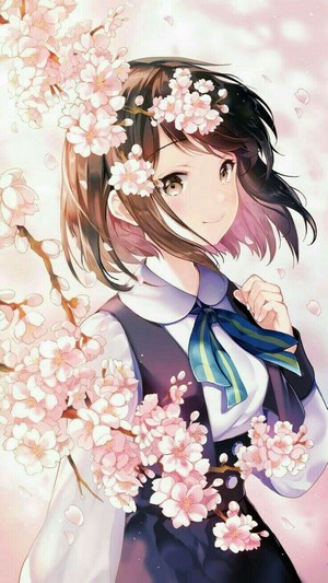 Anime girl with short brown hair and cherry blossoms