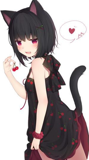 Anime girl with neko ears holding cherries