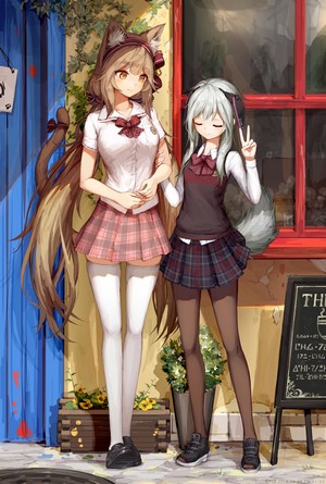 Two anime girls with animal ears and tails in school uniforms