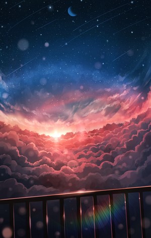 Anime sky with clouds, stars, and moon