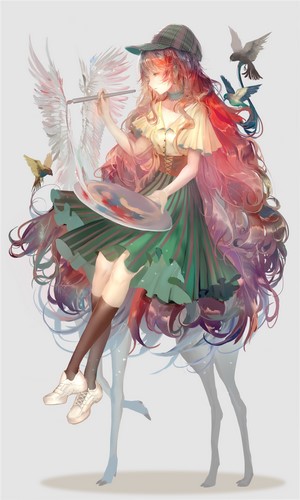 Anime girl painting wings with birds and a deer