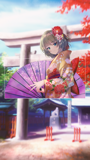 Anime girl in kimono holding a parasol at a shrine