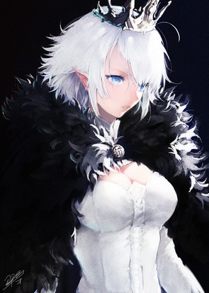 Anime girl with white hair, blue eyes, and crown