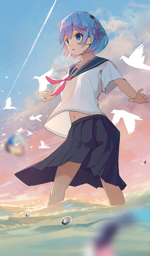 Rem from Re:Zero in a school uniform by the sea