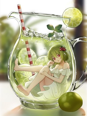 Anime girl with green hair in a pitcher of lemonade