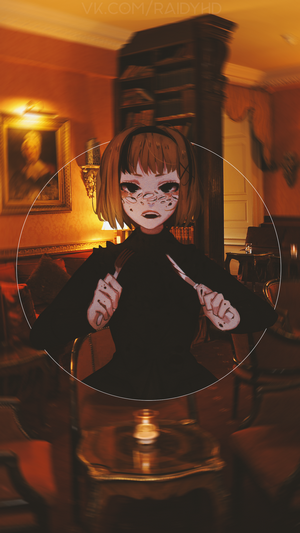 Anime girl with fork and knife in a room