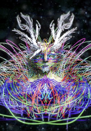 Humanoid with deer horns and colorful lines