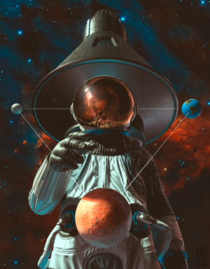 Astronaut with planets and galaxy in space art