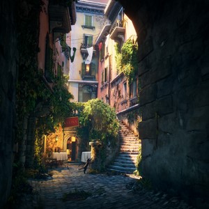 Cat walking through a cobblestone alley in Italy