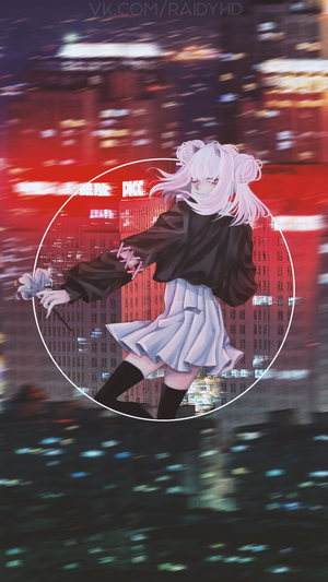 Anime girl with pink hair holding a flower in a city at night
