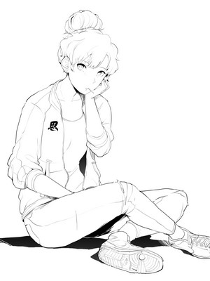 Anime girl with a bun sitting on the floor