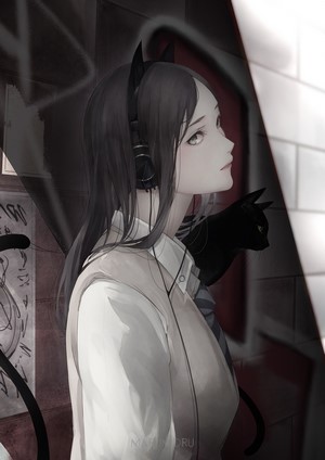 Anime girl with cat ears and headphones with black cat