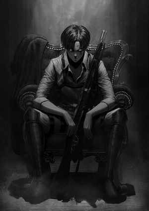 Levi Ackerman Sitting with Rifle in Monochrome