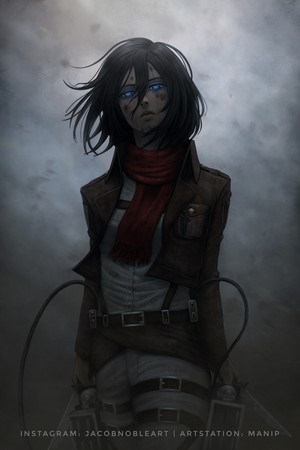 Mikasa Ackerman with Blue Eyes and Red Scarf
