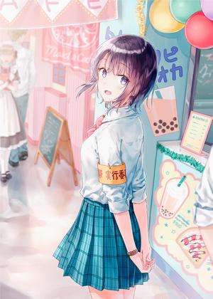 Anime girl in school uniform at a cafe stall