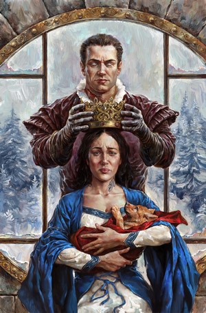 Man places crown on crying woman holding fox