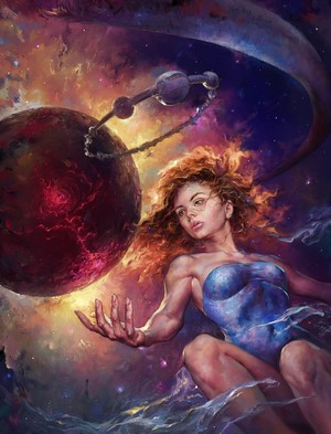 Redhead woman in space with planet and nebula