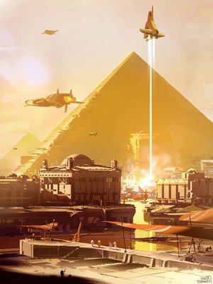 Futuristic Egyptian City with Pyramids and Spaceships