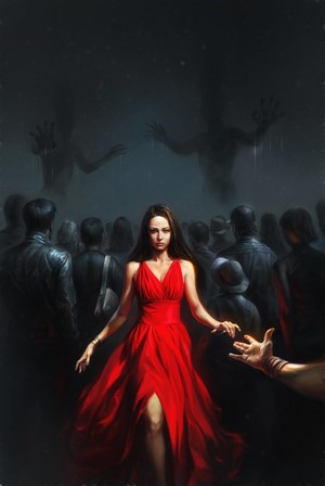 Woman in red dress surrounded by shadowy figures