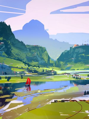 Digital painting of a landscape with mountains, lake, and sailboat