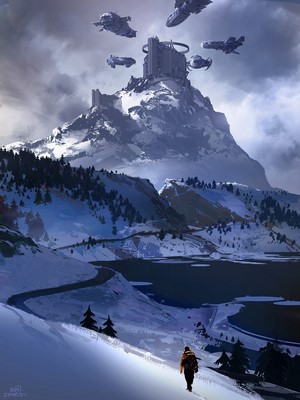 Spaceships orbiting a castle on a snowy mountain