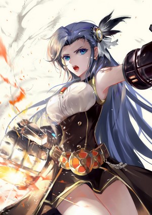Anime girl with blue hair and glowing fist