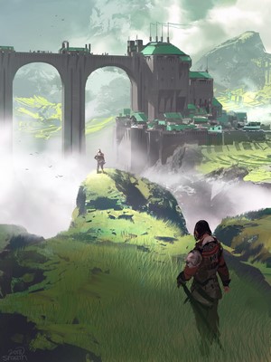 Fantasy landscape with a castle and bridge