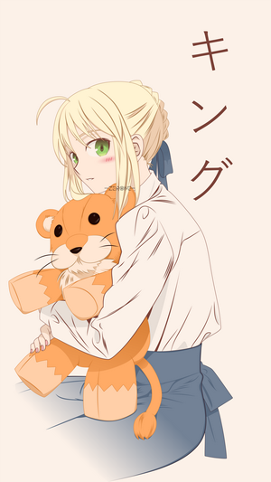 Saber from Fate/Stay Night holding a stuffed animal