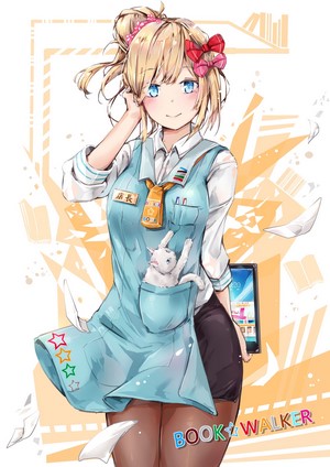 Anime girl with blonde hair and blue eyes holding a cat