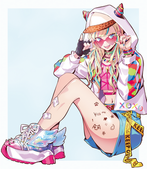 Anime girl with colorful outfit and unicorn horns