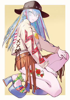 Anime girl with blue hair and cowboy hat