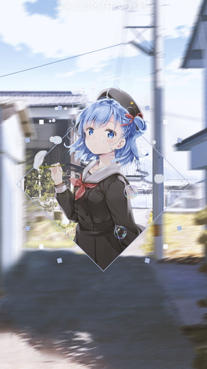 Anime girl with blue hair blowing bubbles