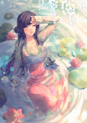 Anime girl in traditional Chinese dress in water with lilies