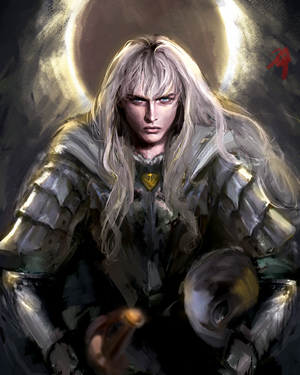 Griffith from Berserk holding a skull