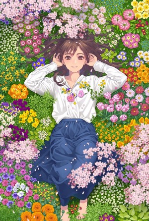 Colorful Anime Girl Surrounded by Flowers