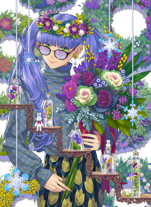 Anime girl with blue hair and flowers