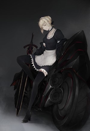 Saber Alter from Fate/Grand Order on a motorcycle