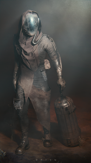 Post-apocalyptic figure in a hooded cloak holding a container