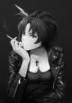 Anime girl smoking with cross necklace