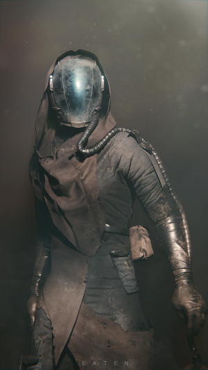 A figure in a hooded cloak and helmet